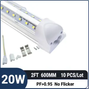 2FT 0.6M 20W 2650LM,T8 Integrated V Shape LED Tube Light – Dual Row Super Bright LED Shop Light for Garage, Workshop & Warehouse,10 Pack