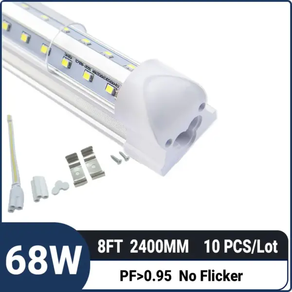 8FT 2.4M 68W 9000LM,T8 Integrated V Shape LED Tube Light – Dual Row Super Bright LED Shop Light for Garage, Workshop & Warehouse,10 Pack