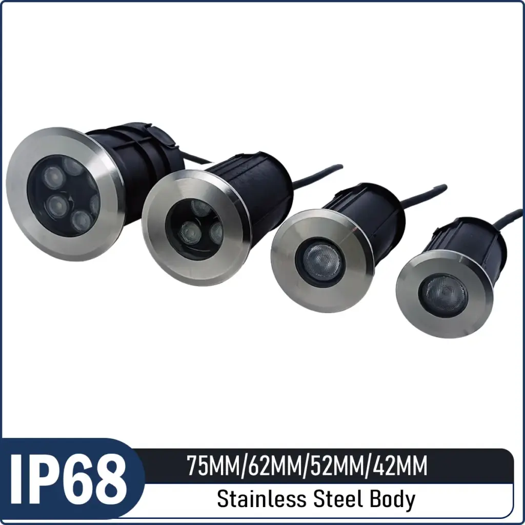 Stainless Steel In-ground Spotlights -DC12V input IP68 Waterproof, Available in 75mm/62mm/52mm/42mm Sizes, Outdoor Landscape Lighting