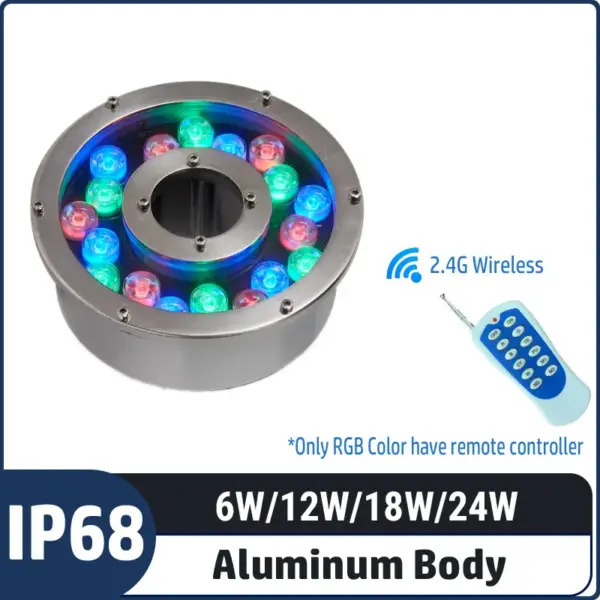 Aiwooping 6W 12W 18W 24W led fountain lights,2.4G wireless remote controller,12V aluminium body underwater pool light,IP68 outdoor pond light