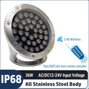 36W Diamater 210MM,12V/24V Low Voltage Stainless Steel Underwater Light – IP68 Waterproof LED Pond & Fountain Light for Pool, Garden Water Feature