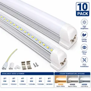 【10 Pack】T8 Integrated LED Tube Light - 2FT/3FT/4FT/5FT/8FT High Output Shop Light Fixture, AC100-277V, Linkable Plug & Play Commercial LED Batten Light