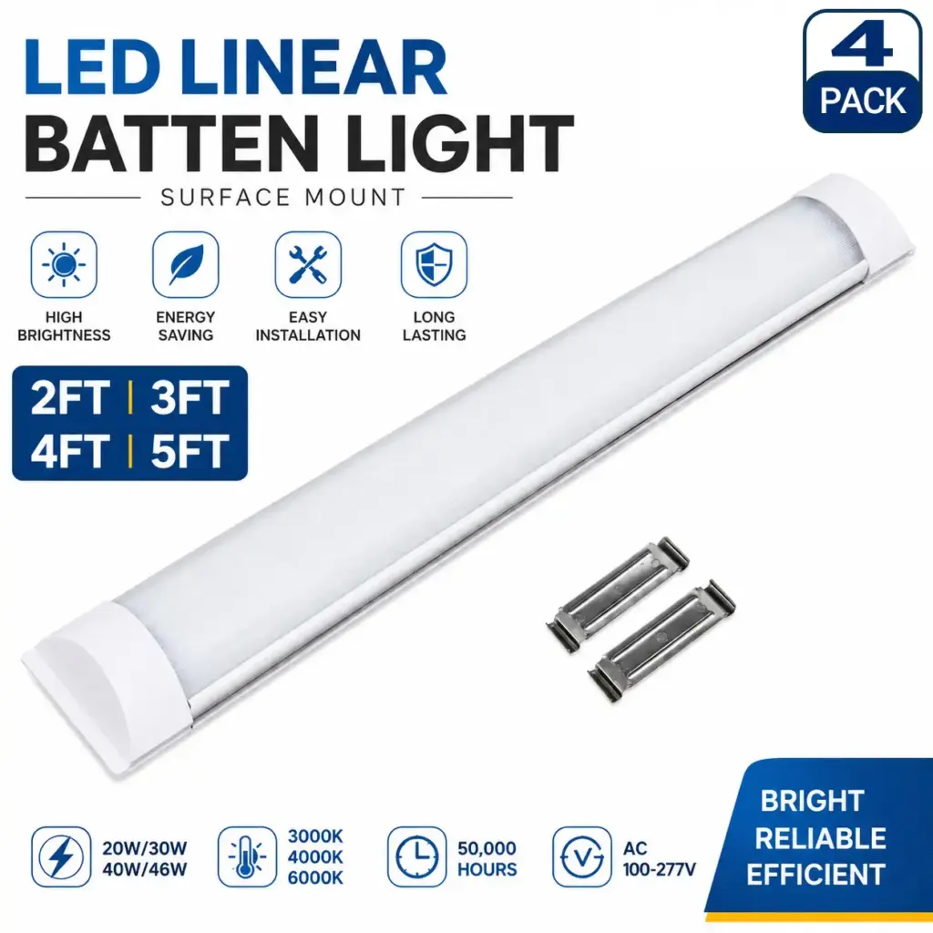 【4Pack】LED Linear Batten Light Fixture - 2FT/3FT/4FT/5FT Surface Mount Ceiling Shop Light, AC100-277V Wide Voltage, 20W/30W/40W/46W Ultra Slim Office & Workshop Light