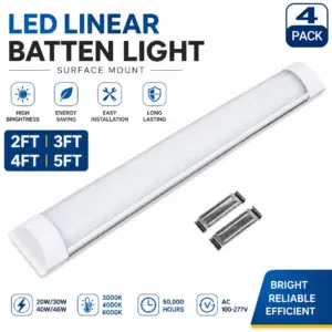 【4Pack】LED Linear Batten Light Fixture - 2FT/3FT/4FT/5FT Surface Mount Ceiling Shop Light, AC100-277V Wide Voltage, 20W/30W/40W/46W Ultra Slim Office & Workshop Light