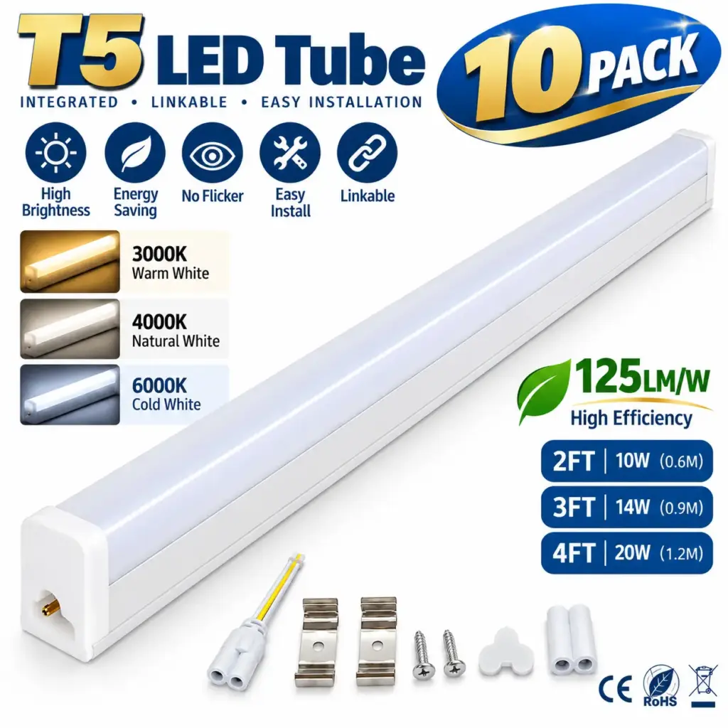 【10 Pack】 T5 Integrated LED Tube Light - 125LM/W High Efficiency Under Cabinet Light, 2FT/3FT/4FT Linkable Shop Light Fixture, AC85-265V for Kitchen, Garage, Workshop