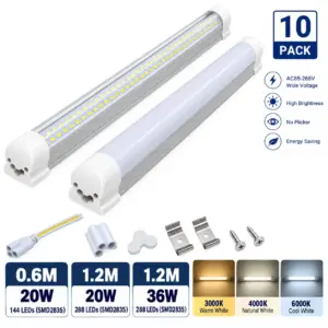 【10 Pack】 T8 Integrated LED Tube Light - Double Row SMD2835, 2FT/4FT (0.6M/1.2M) High Output LED Shop Light, AC85-265V, Linkable Ceiling Fixture with Complete Accessories