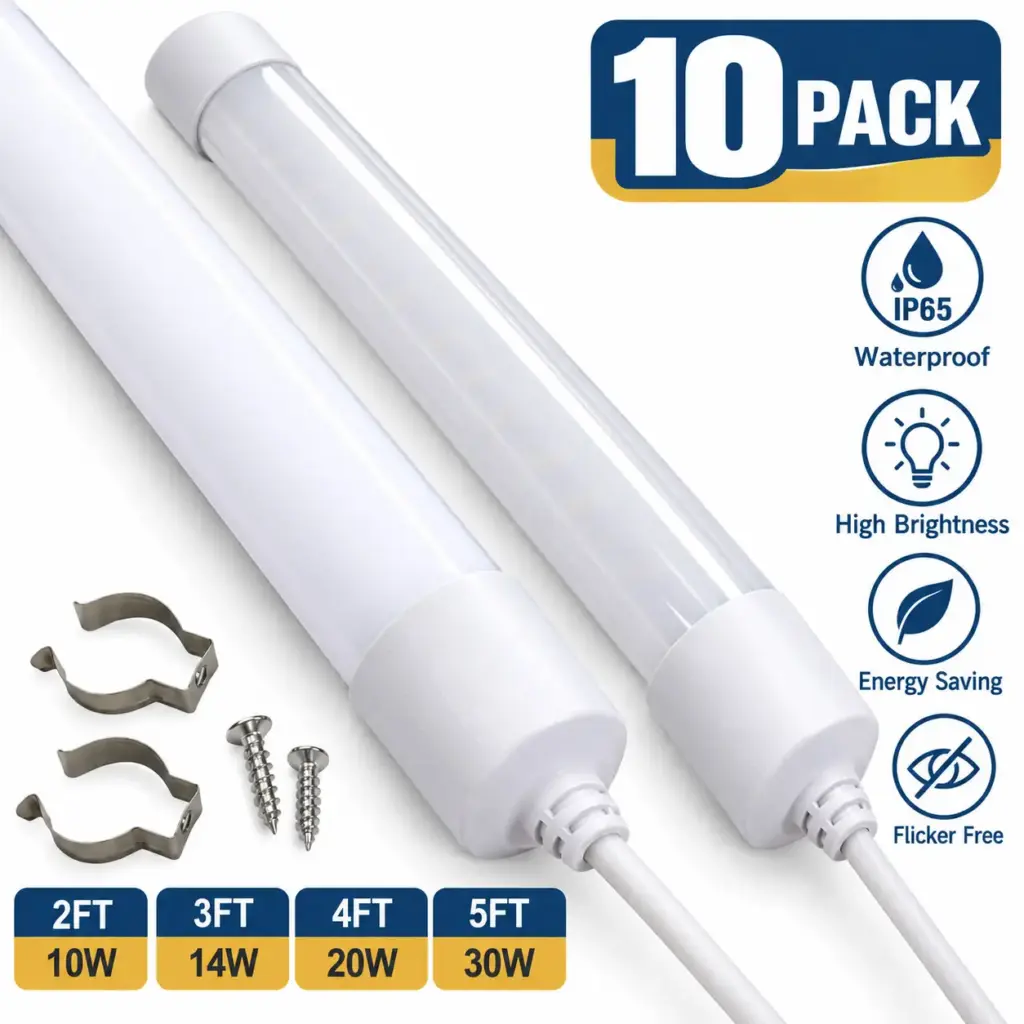 [10 Pack] IP65 Waterproof LED Shop Light Fixture, 2FT-5FT Integrated LED Tube Light Bar, AC85-265V High Brightness Linear Lighting for Garage, Greenhouse, Workshop & Outdoor (3000K/4000K/6000K)