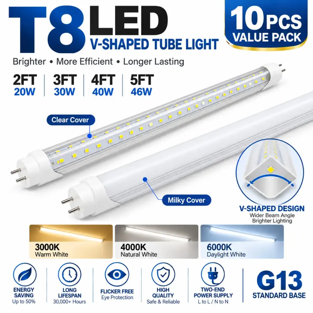 [10 Pack] T8 V-Shaped LED Tube Lights, G13 Bi-Pin Base 2FT-5FT Super Bright Ceiling Light Bulb, Dual-End Powered for Garage, Shop & Warehouse (Clear/Milky Cover, 3000K-6000K)