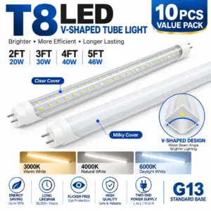 [10 Pack] T8 V-Shaped LED Tube Lights, G13 Bi-Pin Base 2FT-5FT Super Bright Ceiling Light Bulb, Dual-End Powered for Garage, Shop & Warehouse (Clear/Milky Cover, 3000K-6000K)