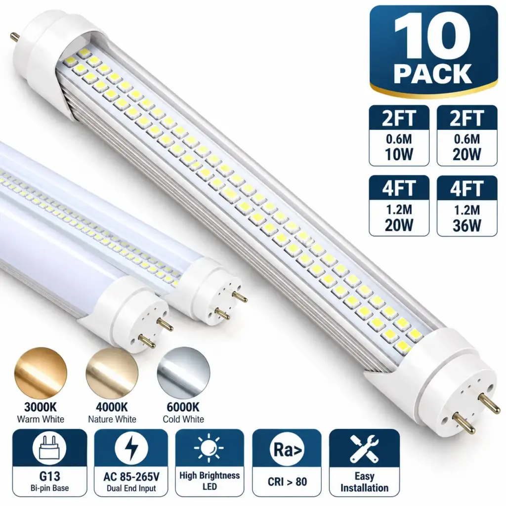 [10 Pack] T8 LED Tube Lights, 2FT 4FT G13 Bi-Pin Base, 10W-36W Dual-End Powered Light Bulb for Garage, Office & Warehouse (AC85-265V, 3000K-6000K, CRI>80)