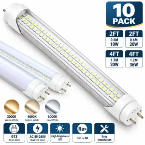 [10 Pack] T8 LED Tube Lights, 2FT 4FT G13 Bi-Pin Base, 10W-36W Dual-End Powered Light Bulb for Garage, Office & Warehouse (AC85-265V, 3000K-6000K, CRI>80)