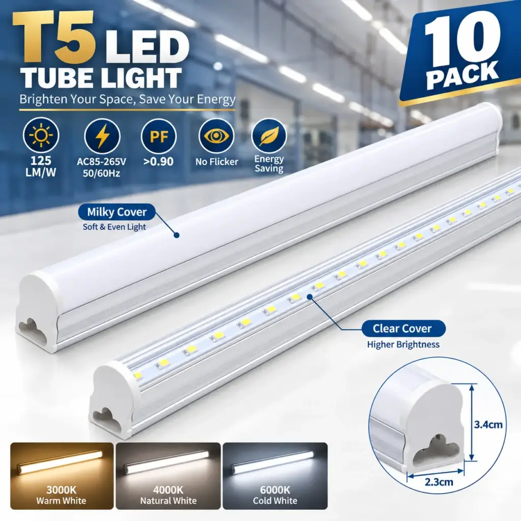 [10 Pack] T5 Integrated LED Tube Light, 125 LM/W Super Bright Shop Lights for Garage & Office, AC85-265V (Milky/Clear Cover, 3000K/4000K/6000K CCT, PF>0.90)