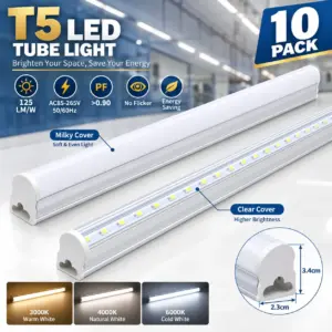 [10 Pack] T5 Integrated LED Tube Light, 125 LM/W Super Bright Shop Lights for Garage & Office, AC85-265V (Milky/Clear Cover, 3000K/4000K/6000K CCT, PF>0.90)