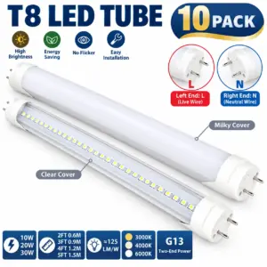 [10 Pack] T8 LED Tube Light - G13 Base Double-Ended Power, 125LM/W High Output Fluorescent Replacement, 2FT/3FT/4FT/5FT (10W-30W), AC85-265V Ballast Bypass Light Bulb