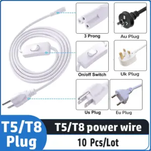 10 Pcs T5 T8 LED Integrated Tube Power Cable with On/Off Switch - 3-Prong Female Connector Extension Cord (US/EU/UK/AU Plug)
